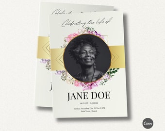 Szablon programu pogrzebowego ze złotymi kwiatami: Celebracja życia (cyfrowa)