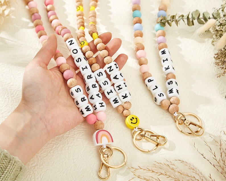 Personalized Teacher Lanyard Beaded Wooden Teacher Lanyard With Name Beaded Wooden Beads Custom Lanyard Teacher Gift For Her ID Badge Holder image 1