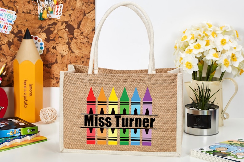 Personalisierte Name Lehrer Tasche Crayon Benutzerdefinierte Lehrer Tragetasche Lehrer Geschenke Schulter-Einkaufstasche Benutzerdefinierte Lehrer Name Tasche Benutzerdefinierte Tasche für Lehrer Bild 3