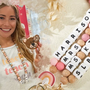 Personalized Teacher Lanyard Beaded Wooden Teacher Lanyard With Name Beaded Custom Lanyard Teacher Gift For Her ID Badge Holder Wooden Beads