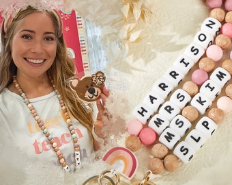 Personalized Teacher Lanyard Beaded Wooden Teacher Lanyard With Name Beaded Custom Lanyard Teacher Gift For Her ID Badge Holder Wooden Beads