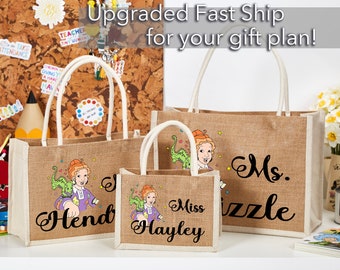 Personalisierte Magie Schulbus Lehrer Tasche Kundenspezifische Ms. Frizzle Lehrer-Shirt Jute-Beutel-Lehrer-Geschenk für sie Magie Schulbus Burlap Tote MG1