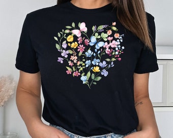 Wildblumen T-Shirt, Blumen Herz Shirt, Boho Pflanzen T-Shirt, Blumen und Gartenliebhaber Geschenkidee, Geschenk Mama Blumen