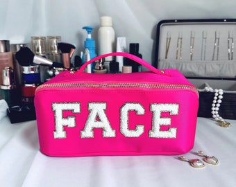 Nylon Makeup Bag,Nylon "FACE" Cosmetic Bag, Monogram Bag, Initial Pouch, Toiletry Bag, Gift for Her, Makeup Tool Organizer Bridesmaid