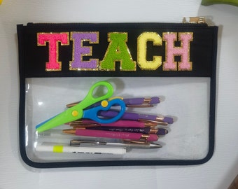 Custodia da viaggio trasparente trasparente per insegnare, borsa con patch in ciniglia, borsa per insegnare, borsa per insegnanti, organizzazione per insegnanti, regalo per insegnanti, borsa trasparente per insegnanti