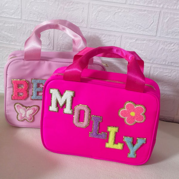 Personalized Nylon Lunch Box  - Diy Letter Customization Nylon Tote Bag Customizable Glitter Varsity Patches insulated cooler school lunch