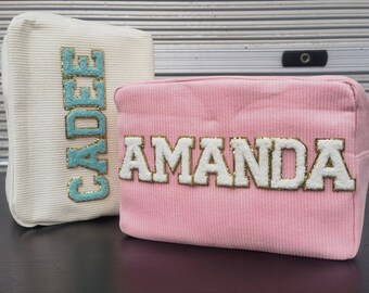 Sewn Corduroy Makeup Bag-Preppy-Personalized gift-Bridesmaid gift-Bride Tribe-Bride Bag-Monogram bag-Anniversary Gift-Chenille Patch