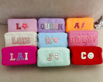 Sewn Cosmetic Bag Custom Makeup Bag Personalized Nylon Pouch Chenille Patches X-Large Travel Case Large Toiletry spf Bag Bridesmaid Gift-L