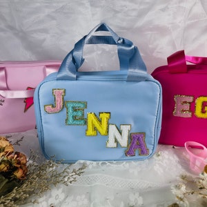 Pranzo al sacco in nylon personalizzato Personalizzazione della lettera fai-da-te Borsa tote in nylon Personalizzabile Glitter Varsity Patch pranzo scolastico più fresco isolato immagine 5