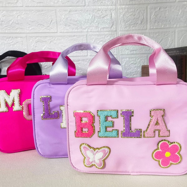 Genähte Nylon Lunch Box Lunch Bag Chenille Patch Personalisieren Uni Chenille Buchstaben & Patches für Kinder Mädchen Frauen Schule Lunchbox