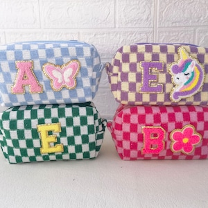 Personalized Gift Chenille Patch Checkered Cosmetic Bag | Custom Patch Make Up Pouch | Checker Makeup Bag | Bridesmaid Gifts