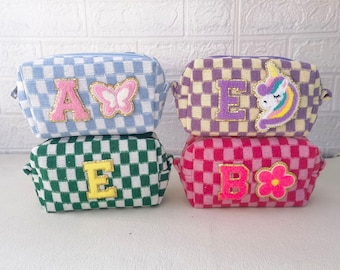 Personalized Gift Chenille Patch Checkered Cosmetic Bag | Custom Patch Make Up Pouch | Checker Makeup Bag | Bridesmaid Gifts