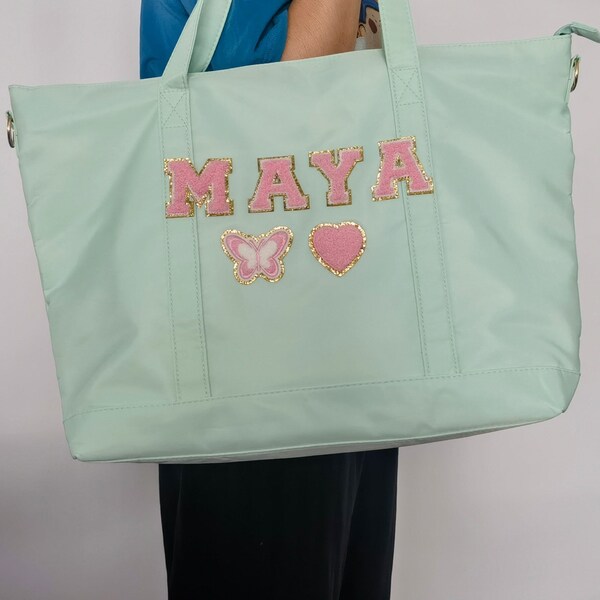 Customized Tote bag- Nylon Tote Bag DIY or Customizable Glitter Varsity Patches Travel Bag Bridesmaid, Sorority RUSH Bag Sewn