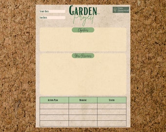 Puede incluir: Un planificador de proyectos de jardín imprimible con secciones para fechas de inicio y fin, objetivos, ideas y recursos, plan de acción, fecha límite y estado. El planificador tiene un fondo marrón rústico con acentos verdes.
