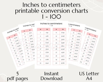 Inches To Centimeters Conversion Chart 1-100 Imperial To Metric Cheat Sheet 5 PDF Pages Handy Table In Cm Charts International Dimensions