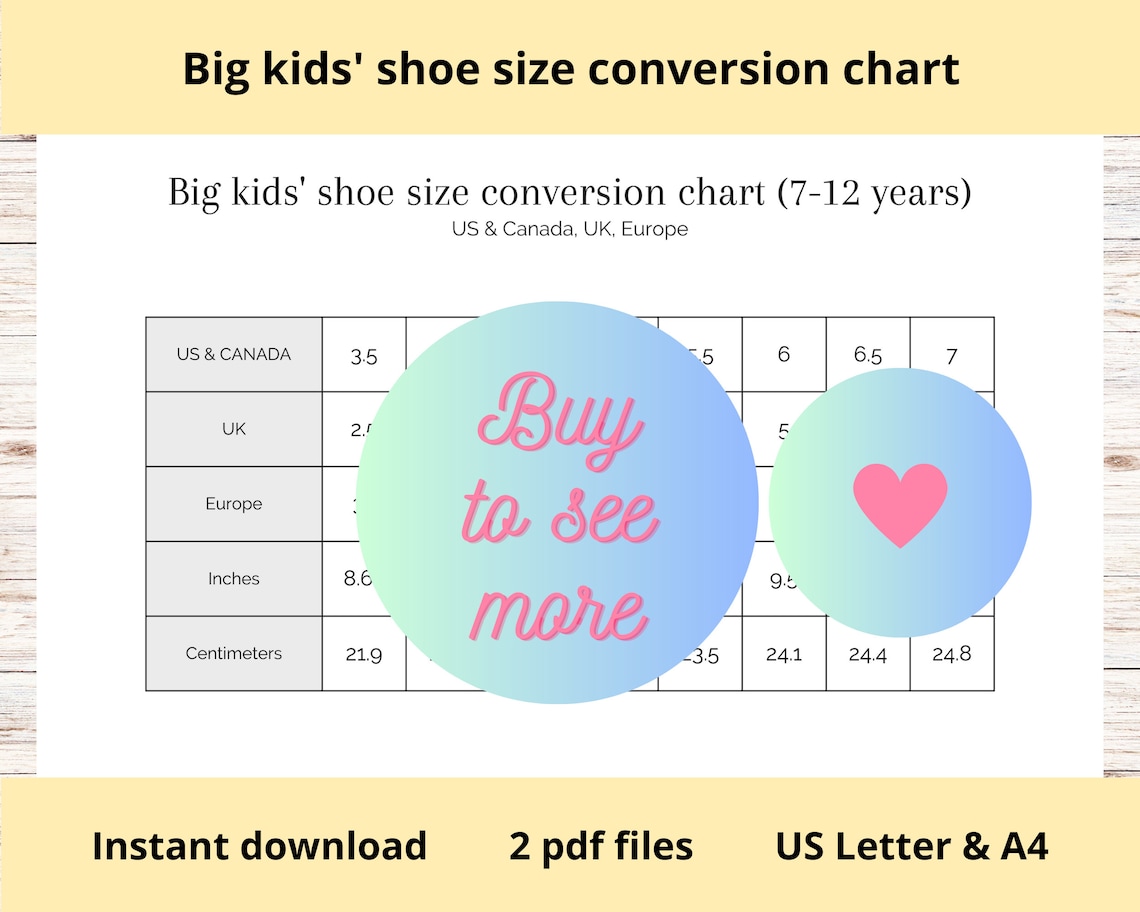 Big Kids' Shoe Size Conversion Chart Printable US Canada UK Europe Children Shoe Sizes Table ...