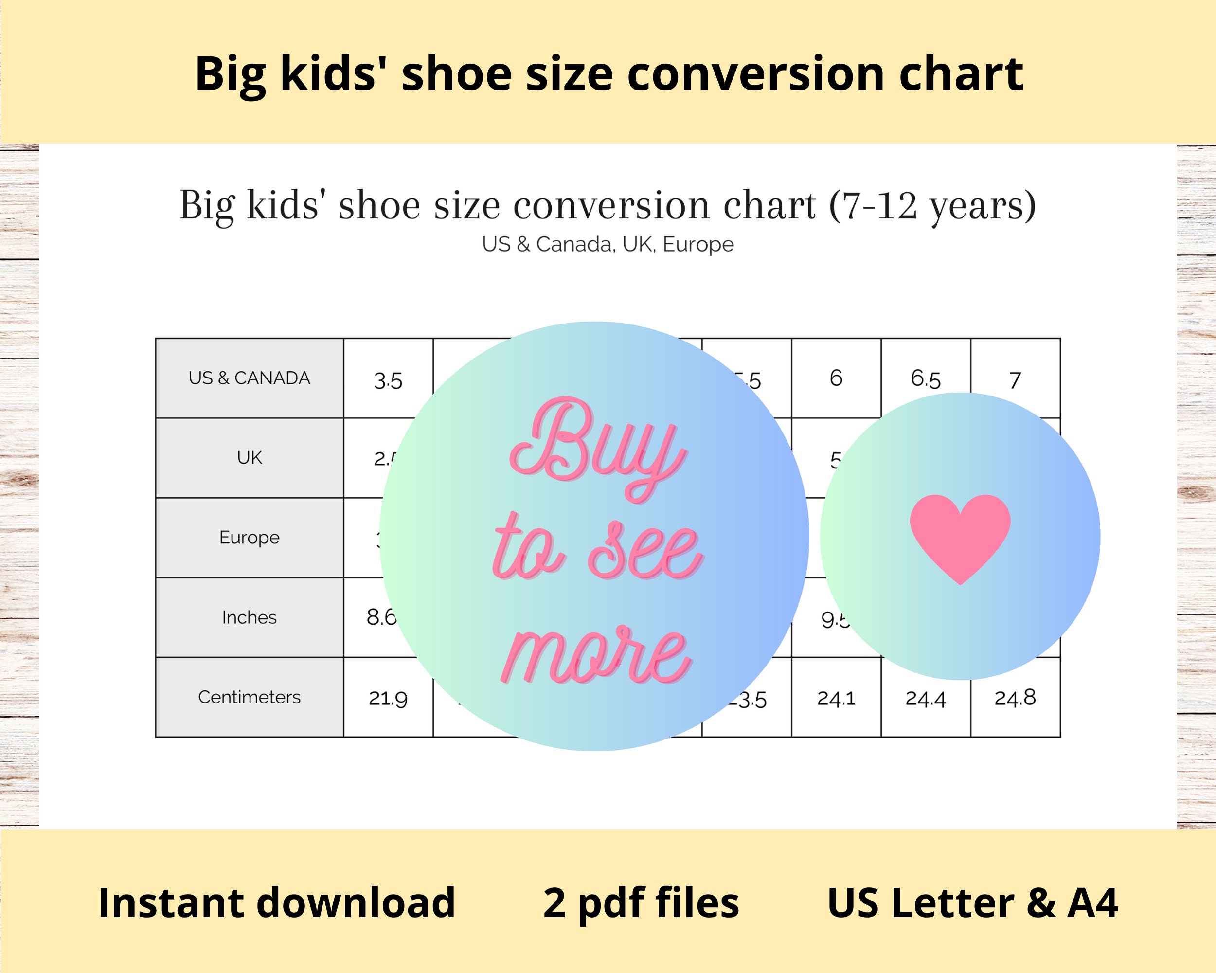 Big Kids Shoe Size Conversion Chart Printable US Canada UK Europe 
