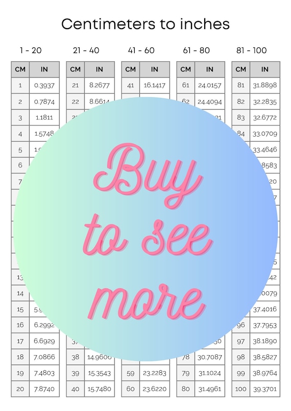 Centimeters to Inches Conversion Chart 1 Page Table 1-100 Cm to