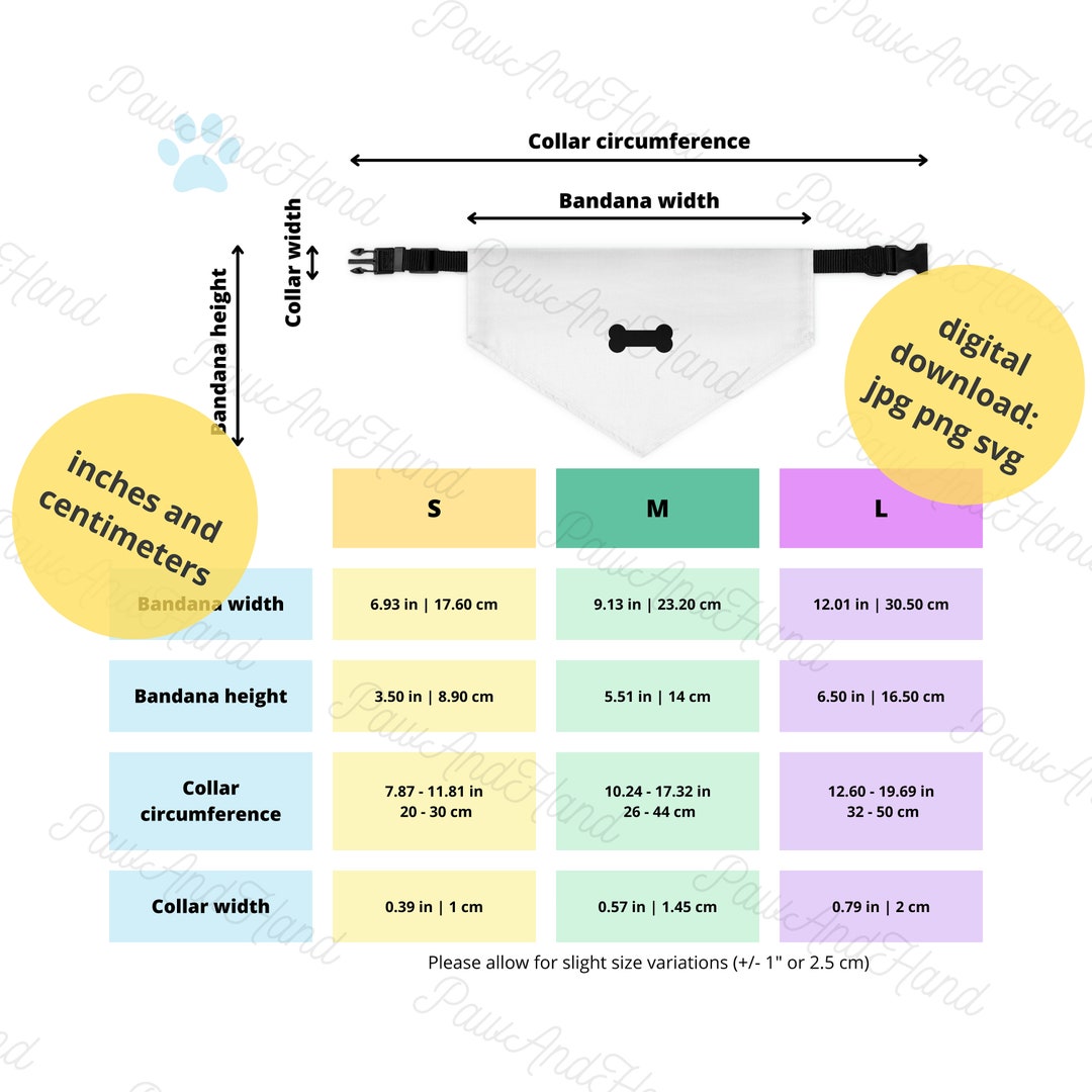 Pet Bandana Collar Size Chart in Inches and Centimeters Digital
