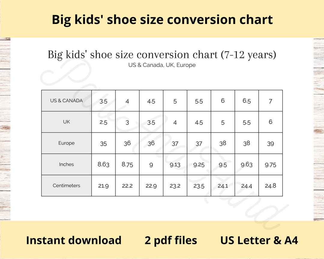 Big Kids' Shoe Size Conversion Chart Printable US Canada Etsy