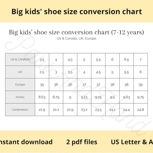 Big Kids Shoes Size Chart - Etsy