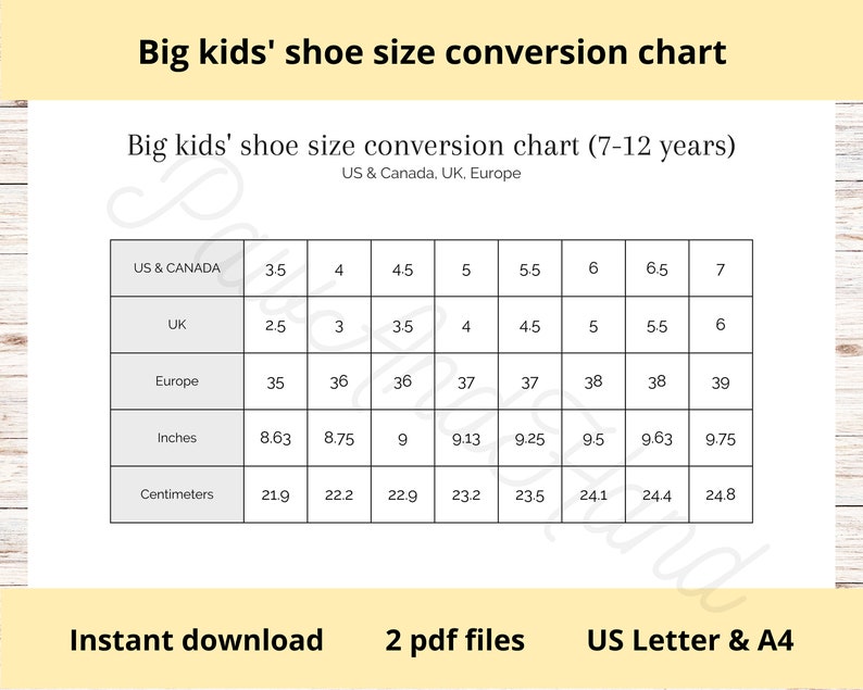 Big Kids' Shoe Size Conversion Chart Printable US Canada - Etsy