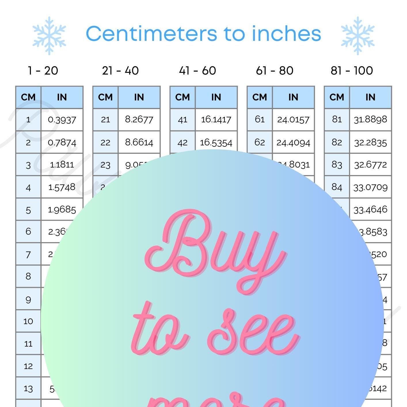 Conversion Chart Cm to Inches - Etsy Canada