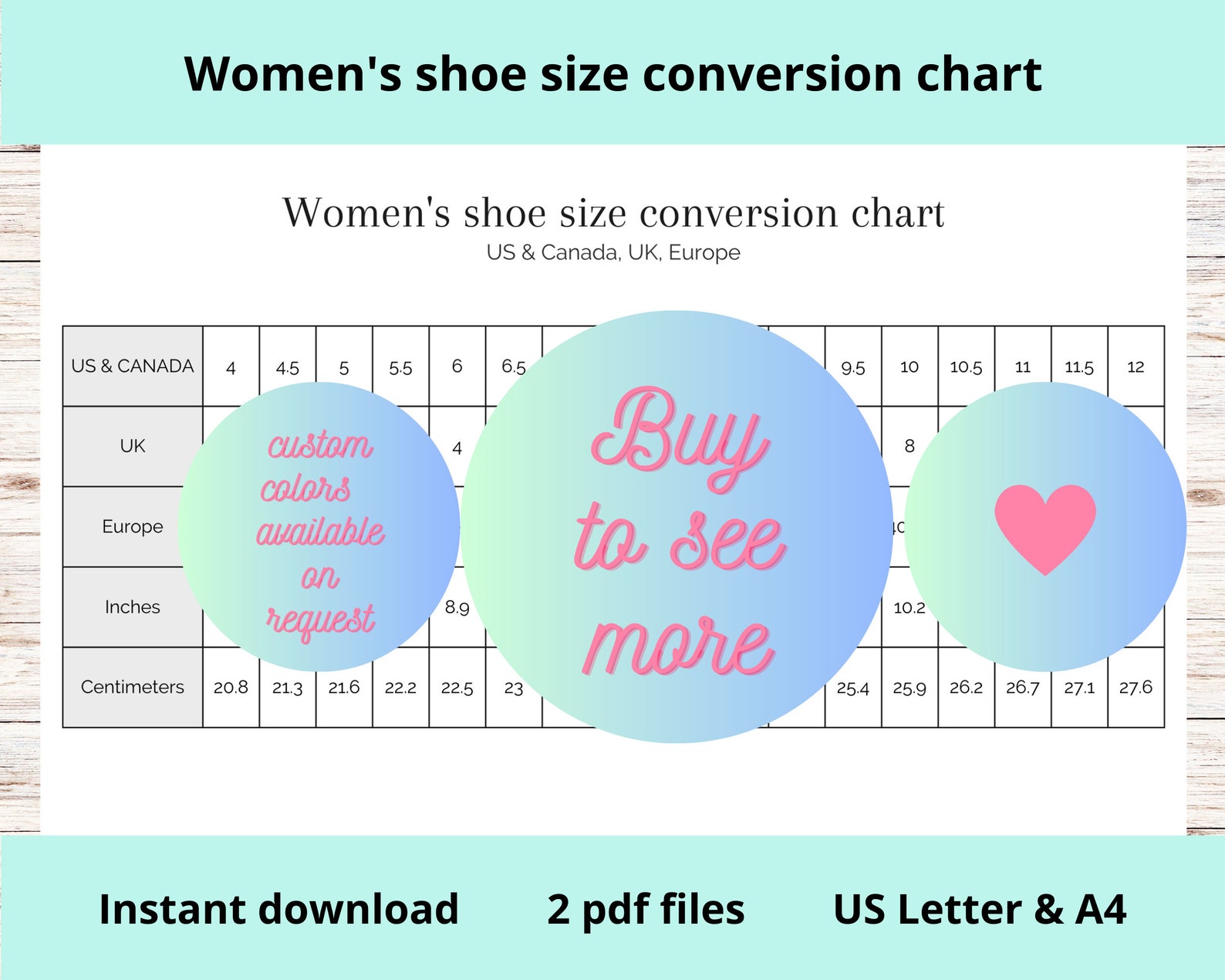 Women's Shoe Size Conversion Chart Printable US Canada UK Europe Shoe ...