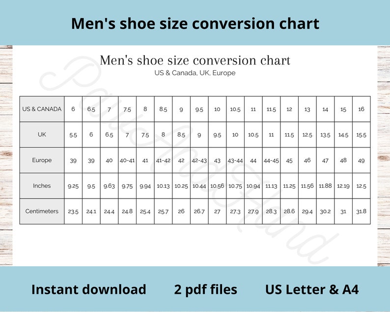 Men's Shoe Size Conversion Chart Printable US Canada UK - Etsy UK