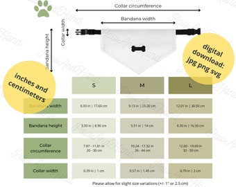 Pet Bandana Collar Size Chart In Inches And Centimeters Digital Download Size Chart POD Dog Bandana Sizing Guide Printify Pet Bandana Sizes