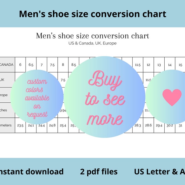 Men's Shoe Size Conversion Chart Printable US Canada UK Europe Shoe Sizes Table Conversion Shoe Size Chart For Man Inches Centimeters Shop