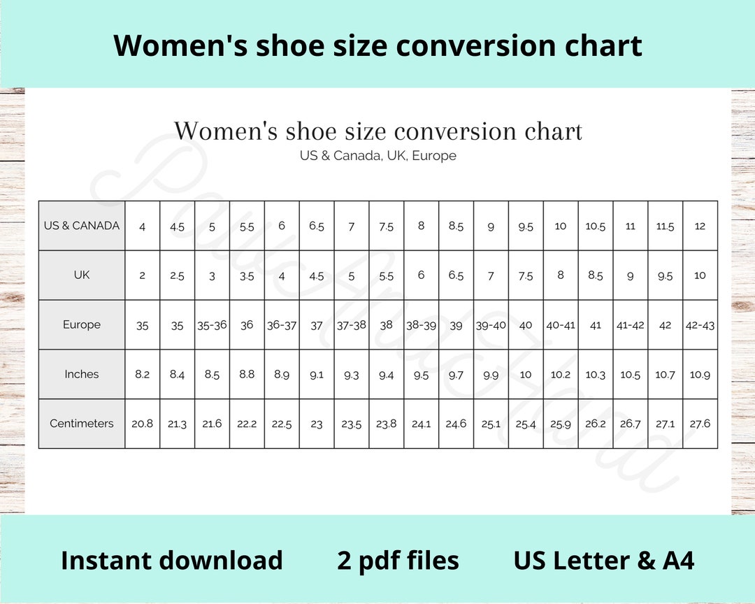 Women's Shoe Size Conversion Chart Printable US Canada UK Etsy