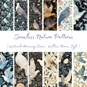 Motifs naturels sans couture, oiseaux sauvages, 2 colombes en deuil, papier numérique, aquarelle - 12 modèles haute résolution - 12 x 12 pouces - usage commercial