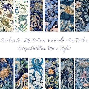 Tartarughe marine, polpi, ispirati a William Morris - SEAMLESS - Motivi ad acquerello - 12 disegni - 12 x 12 pollici - Uso commerciale