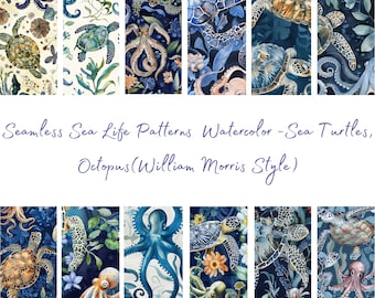 Sea Turtles, Octopus, William Morris Inspired- SEAMLESS - Watercolor Patterns - 12 Designs - 12x12in - Commercial Use