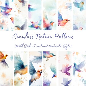 May include: A seamless pattern featuring watercolor illustrations of colorful birds in flight. The birds are painted in a translucent style, creating a delicate and ethereal effect. The background is a soft, watercolor wash with subtle hints of color.