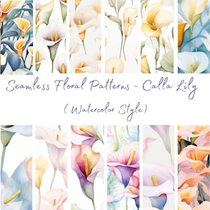 May include: A set of 10 seamless floral patterns featuring watercolor-style calla lilies in various colors, including white, yellow, pink, and blue. The patterns are perfect for creating digital or printed designs.