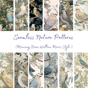 Puede incluir: Patrones de naturaleza sin costuras con palomas de luto en estilo William Morris. Los patrones son en tonos de azul, verde y blanco, con delicados detalles florales.