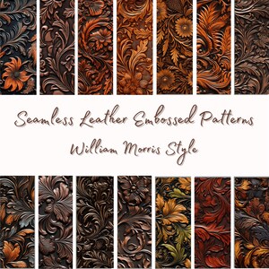 Könnte beinhalten: Nahtlose, geprägte Ledermuster im William-Morris-Stil. Die Muster zeigen komplizierte florale Designs in Braun-, Gold- und Grüntönen.