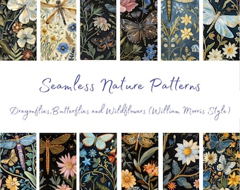 Könnte beinhalten: Ein Set mit 10 nahtlosen Naturmustern mit Libellen, Schmetterlingen und Wildblumen im William-Morris-Stil. Die Muster sind auf einem dunklen Hintergrund mit leuchtenden Farben.