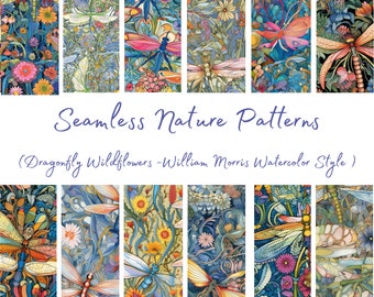Könnte beinhalten: Eine Sammlung von 12 nahtlosen Naturmustern mit Libellen und Wildblumen im Aquarellstil, der an William Morris erinnert. Die Muster sind in Blautönen, Grün, Gelb, Rosa und Lila gehalten.