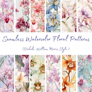 Bloemen digitaal papier. Orchideeën, William Morris Geïnspireerd - NAADLOOS - Aquarel bloempatronen - 12 ontwerpen - 12x12in - Commercieel gebruik