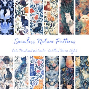 Digitaal papier, katten, William Morris geïnspireerd - NAADLOOS - doorschijnende aquarelpatronen - 12 ontwerpen - 12 x 12 in - commercieel gebruik