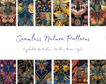 Seamless Patterns, Psychedelic Butterflies, Photorealistic, William Morris Style - 12 Hi Res Designs - 12x12in - Commercial Use