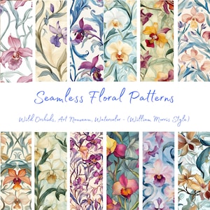 Florales digitales Papier. Orchideen, Jugendstil, William Morris inspiriert - SEAMLESS - 12 Designs - 12 x 12 Zoll - Kommerzielle Nutzung