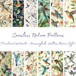 Padrões naturais contínuos, pássaros selvagens, beija-flores, papel digital, aquarela - 12 designs de alta resolução - 12 x 12 pol. - Uso comercial
