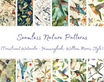 Watercolor Hummingbird Seamless Pattern, William Morris Style (Digital Paper)