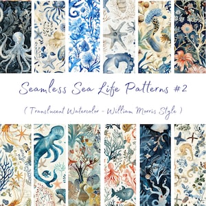 Sea Life Digitales Papier von William Morris inspiriert - SEAMLESS - Transluzente Aquarellmuster # 2 - 12 Designs - 30x30 cm - Kommerzielle Nutzung