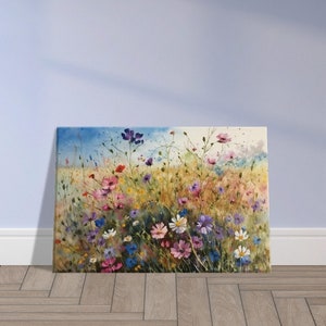 Wandbild Blumenwiese in Wasserfarben-Optik - Leinwand Bild Kornblumen Deko- Kunstdruck Aquarell mit Natur Motiv Blumen Gemälde
