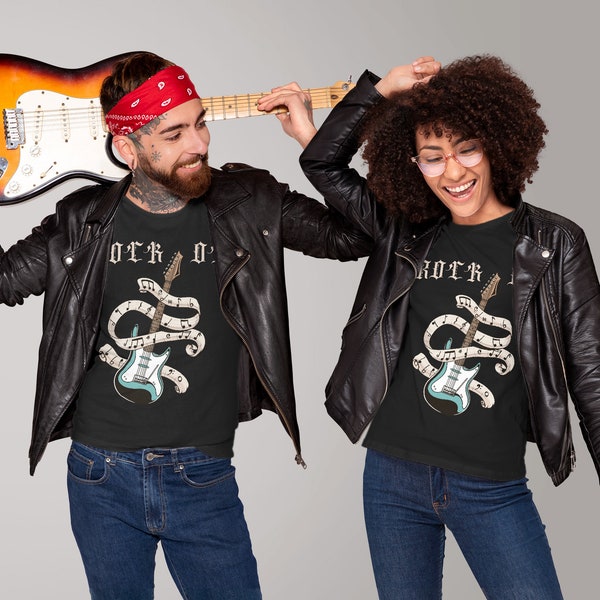 T-Shirt mit E-Gitarrenmotiv und Musiknoten - Rocke deinen Style mit "Rock on"!